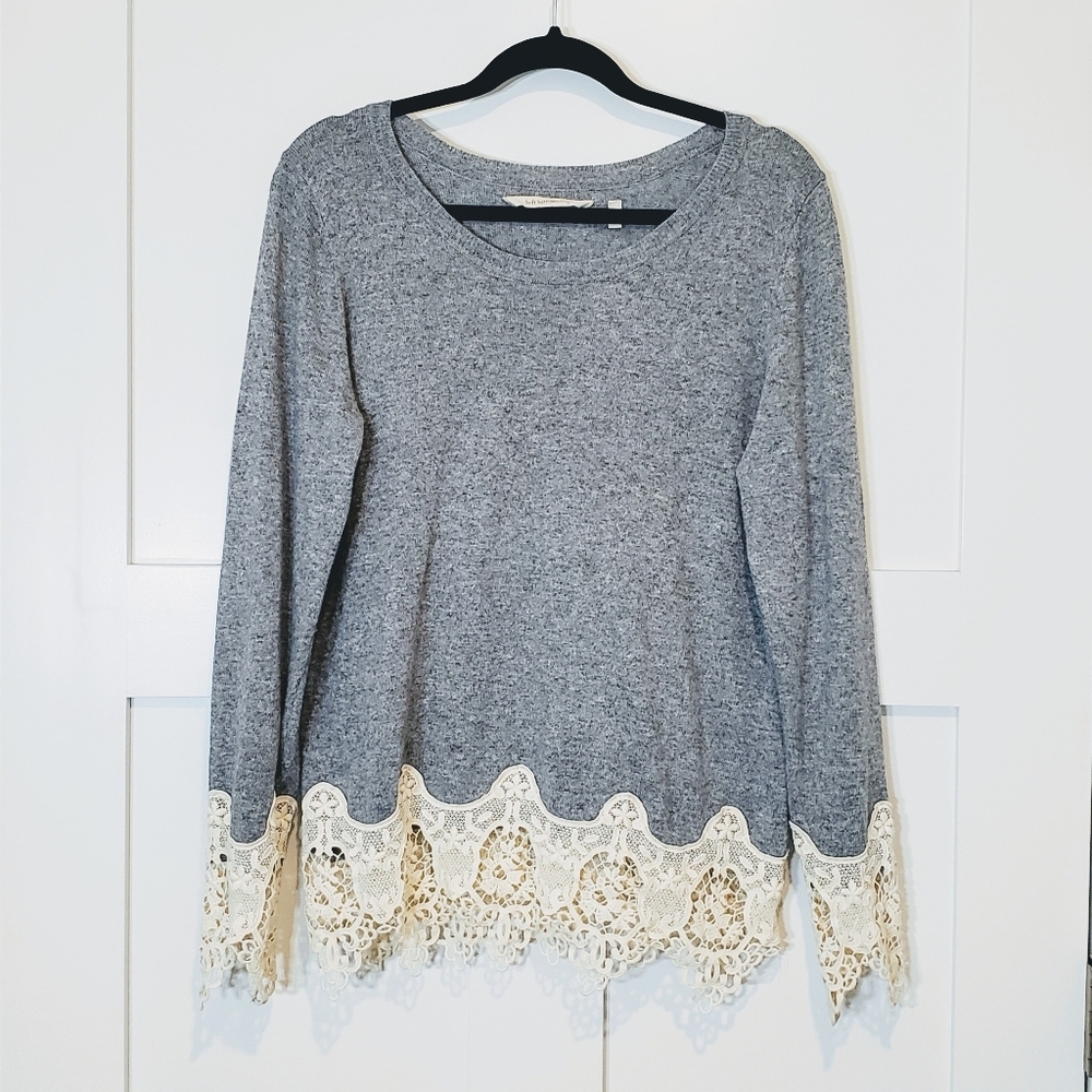 Soft Surroundings Elysee Crochet Lace Knit Tunic Top Sz Medium Gray Long Sleeve